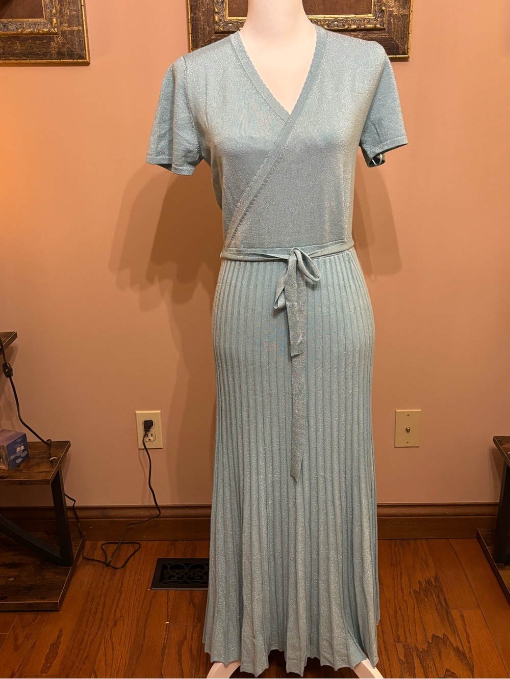 Light Blue Knit Wrap Dress with Tie Waist